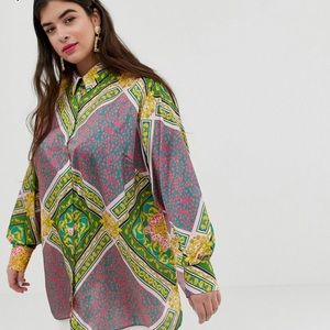 Oversized satin long sleeved scarf print blouse
